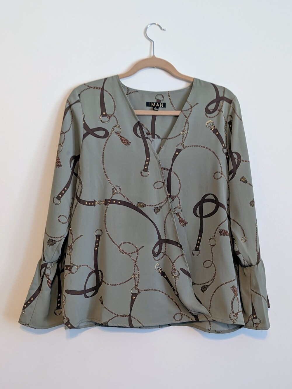 IMAN | Womens Bell Sleeve Wrap Top Size L Equestrian Belts & Ropes Gray Print